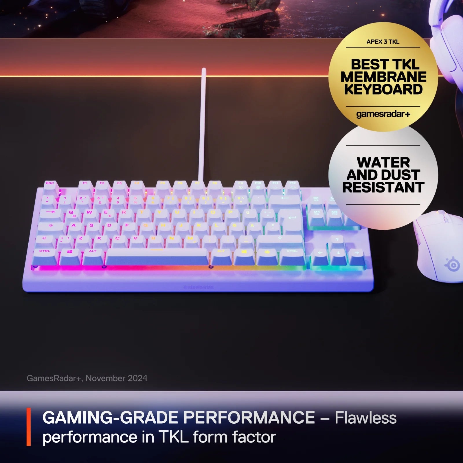 Apex 3 TKL Lavender RGB Gaming Keyboard — Tenkeyless Compact Form Factor — 8-Zone RGB Illumination — Water and Dust Resistant — Whisper-Quiet Gaming Switch