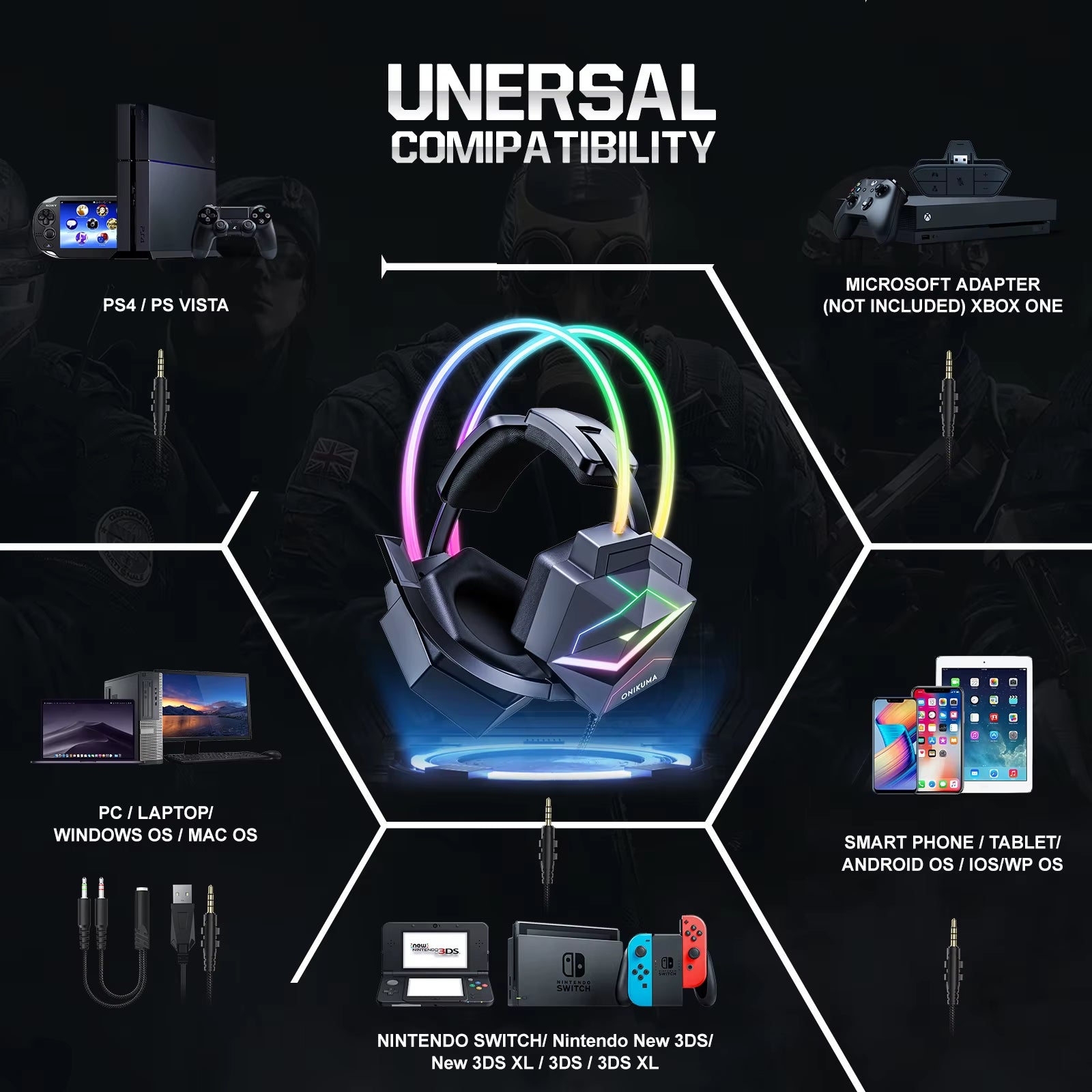 X20 Gaming Headset with RGB Light Wired Headphones with Mic Bass Surround over Ear Full Light Earphone for PS5 PC