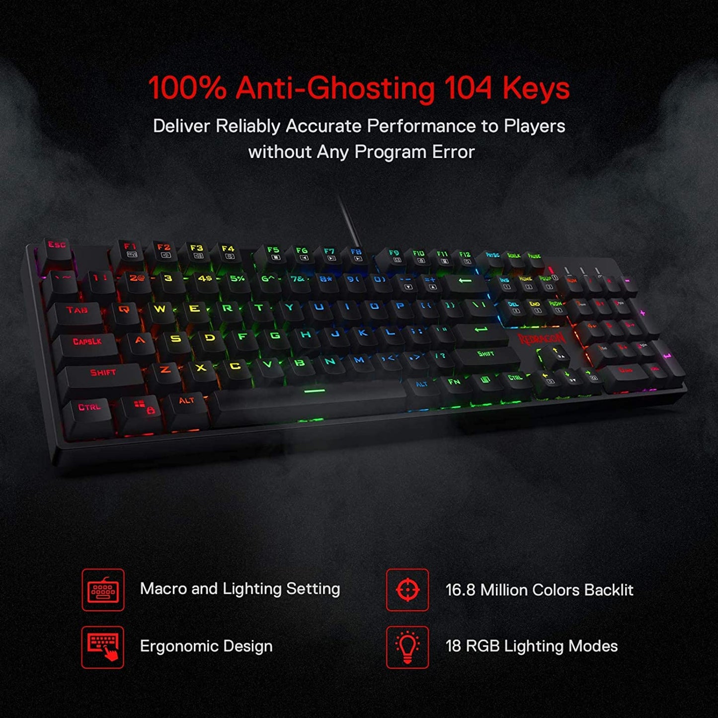 K582 RGB Mechanical Gaming Keyboard, 100% 104 Keys Standard Layout Gaming Keyboard with Double-Shot ABS Keycaps, Dynamic 16.8M RGB Backlit & Linear Red Switch, Redefine Software Supported