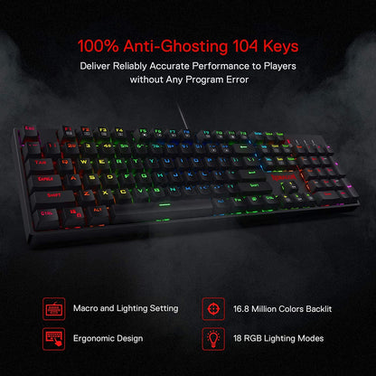 K582 RGB Mechanical Gaming Keyboard, 100% 104 Keys Standard Layout Gaming Keyboard with Double-Shot ABS Keycaps, Dynamic 16.8M RGB Backlit & Linear Red Switch, Redefine Software Supported