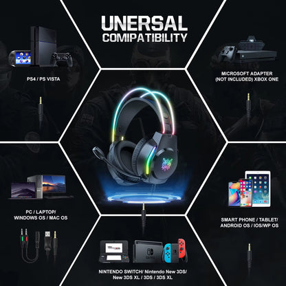 X26 Wired Headphone with Headband RGB Light Flexible Mic Gaming Headset Computer Wired Earphones for PC Gamer PS5