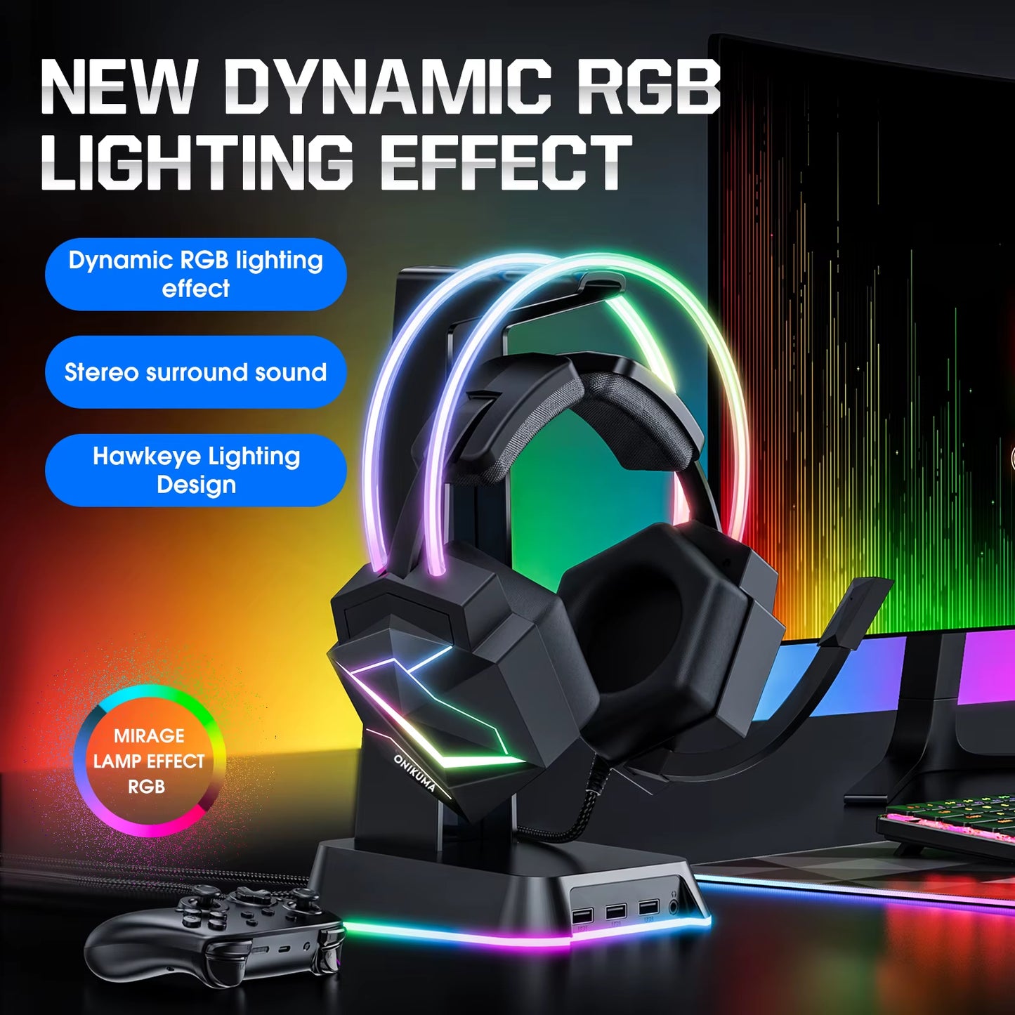 X20 Gaming Headset with RGB Light Wired Headphones with Mic Bass Surround over Ear Full Light Earphone for PS5 PC
