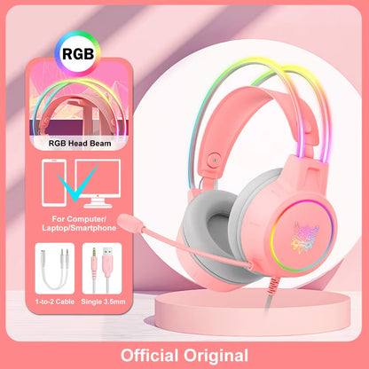X15 Pro Over-Ear Headphones Gaming Headset Wired Cancelling Earphones Pink Cat Ears Rgb Light with Mic for PC PS4