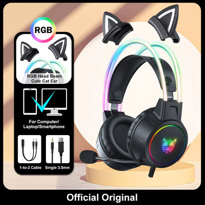 X15 Pro Over-Ear Headphones Gaming Headset Wired Cancelling Earphones Pink Cat Ears Rgb Light with Mic for PC PS4