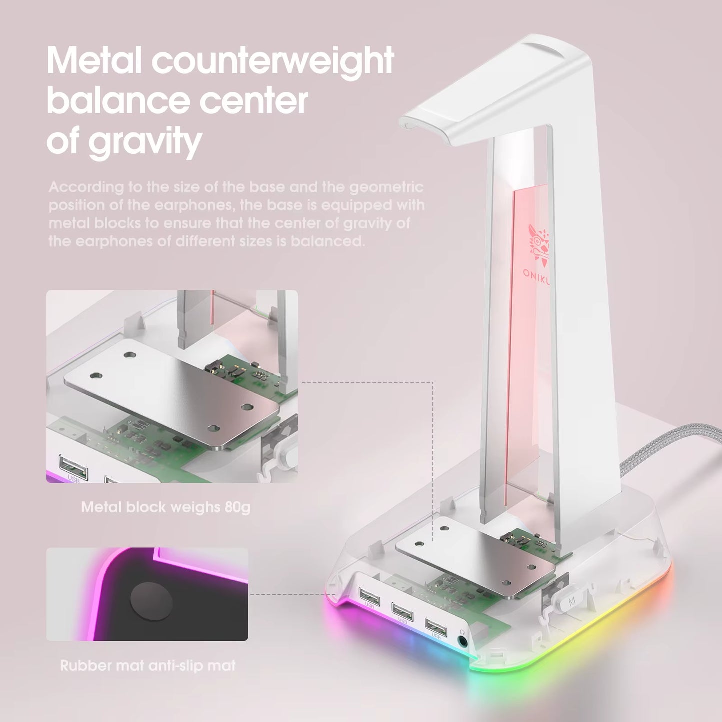 ONIKUMA Headphone Stand with RGB Light Headset Holder with 3*USB Ports & 3.5Mm Headphone Jack for PC Gamers