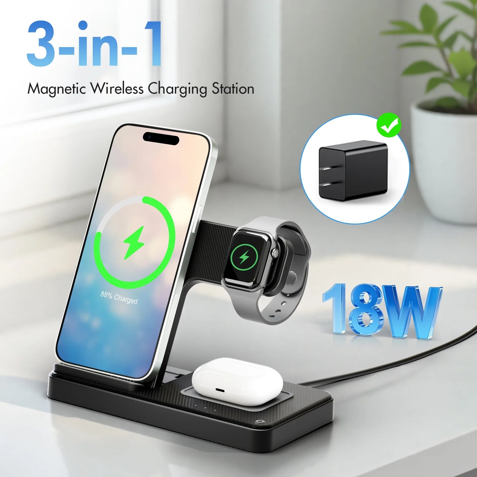 Wireless Charger,15W Wireless Charging Station Compatible with Iphone 17 16 15 14 13 12 11 8 Pro Max Mini plus X XR XS Max SE Plus,For Iwatch 10 9 8 7 6 5 4 3 2 SE Ultra,For Airpods 4 3 2