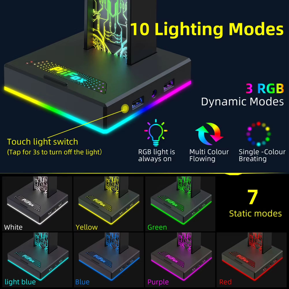 RGB Gaming Headphone Stand Dual USB Port 3.5Mm Audio Port 10 Lighting Effects Desktop Gaming Headset Holder Hanger for Gamer PC