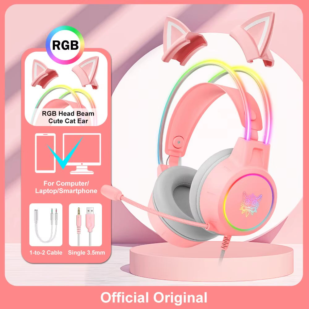 X15 Pro Over-Ear Headphones Gaming Headset Wired Cancelling Earphones Pink Cat Ears Rgb Light with Mic for PC PS4