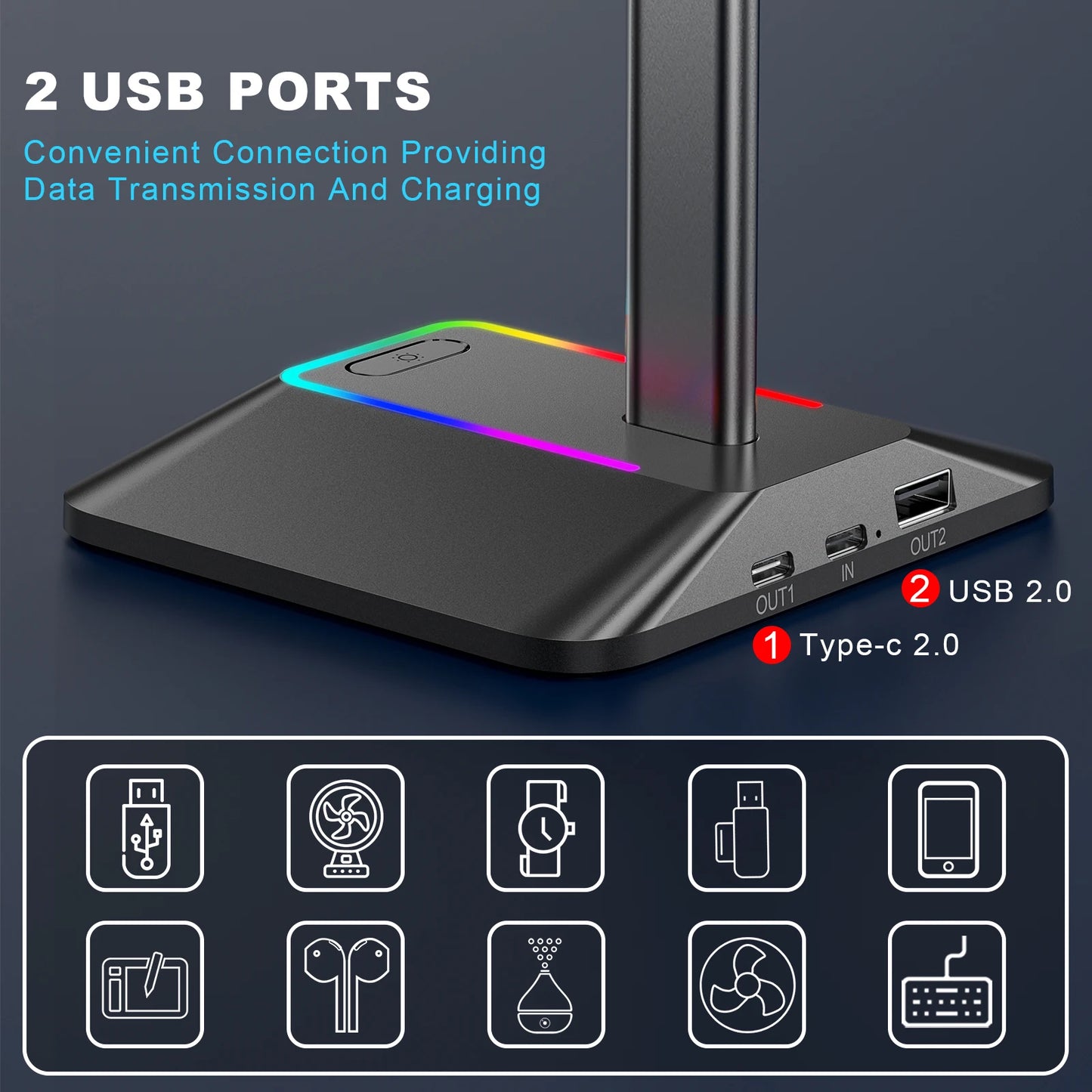 Z8 RGB Headphones Stand Holder Desk Gaming Headset with 2 USB Ports Cool Display Holder Non-Slip Rubber Base for Gamer