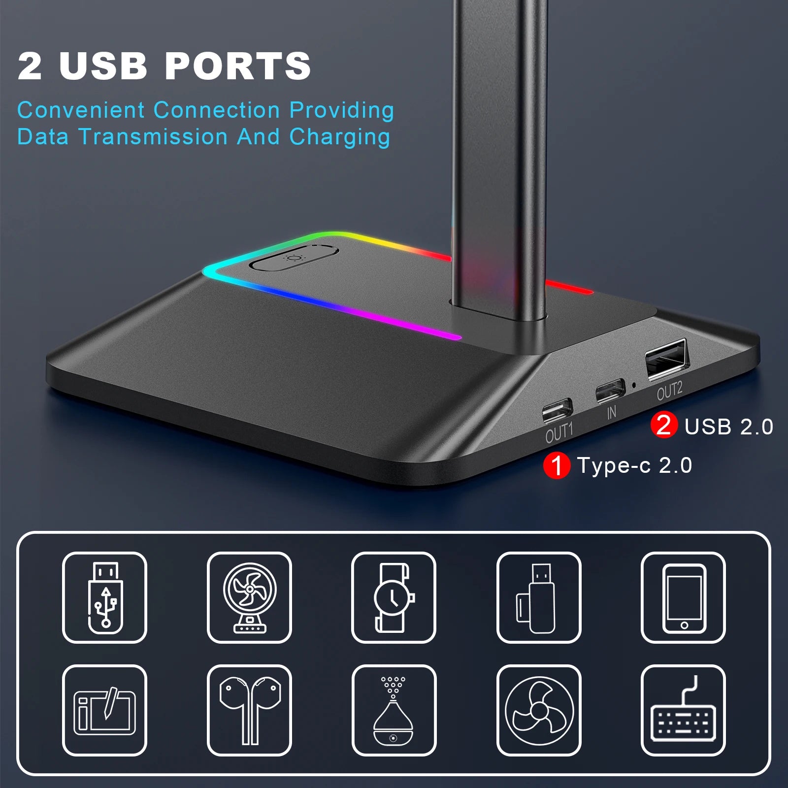 Z8 RGB Headphones Stand Holder Desk Gaming Headset with 2 USB Ports Cool Display Holder Non-Slip Rubber Base for Gamer