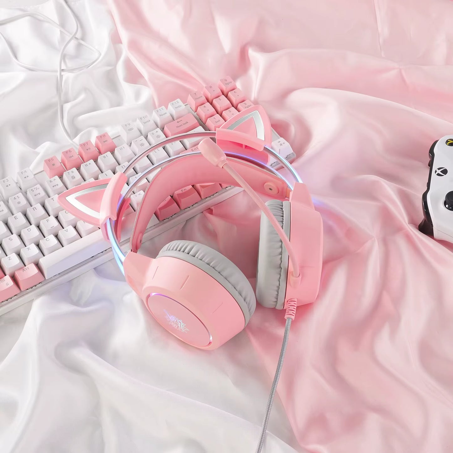 X15 Pro Over-Ear Headphones Gaming Headset Wired Cancelling Earphones Pink Cat Ears Rgb Light with Mic for PC PS4