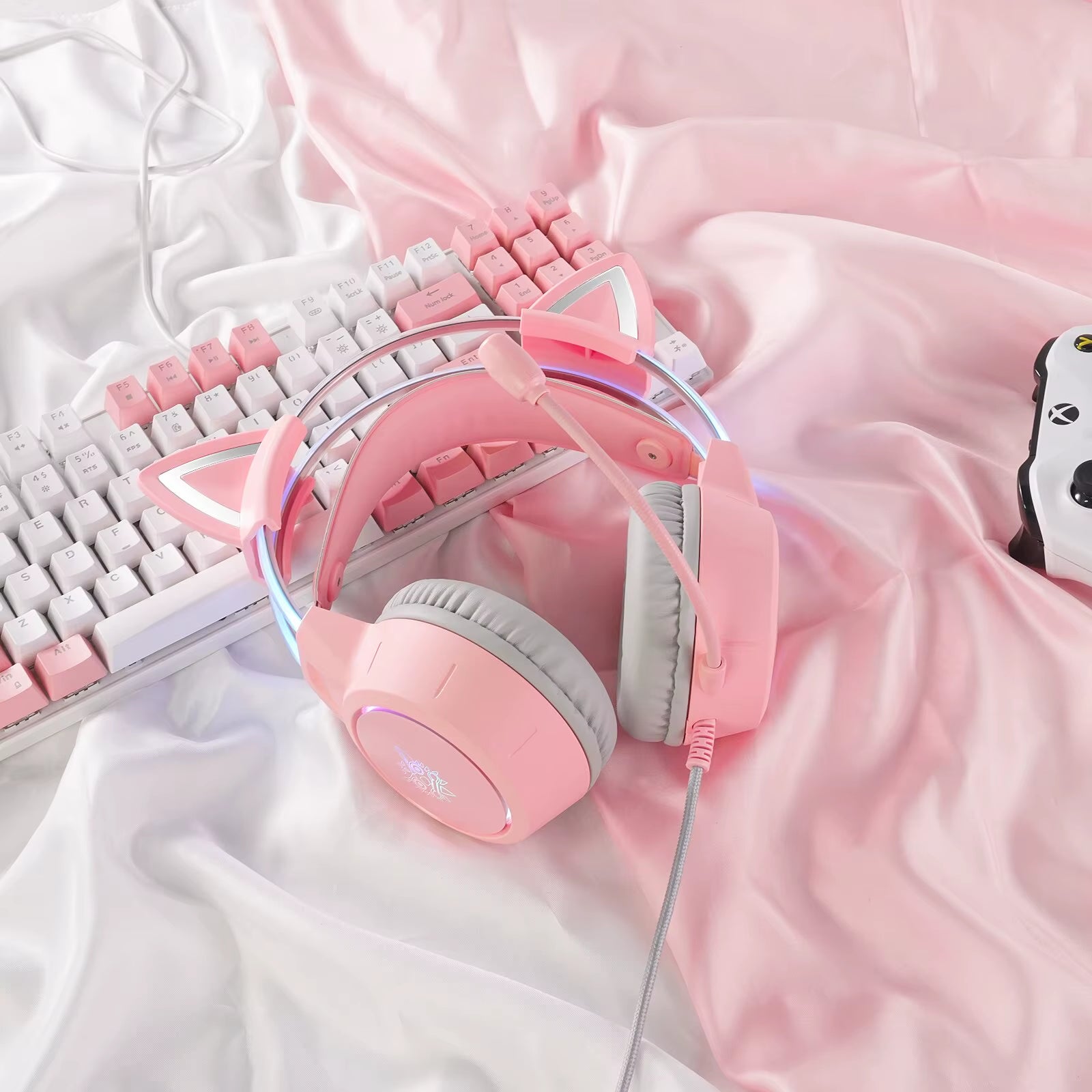 X15 Pro Over-Ear Headphones Gaming Headset Wired Cancelling Earphones Pink Cat Ears Rgb Light with Mic for PC PS4