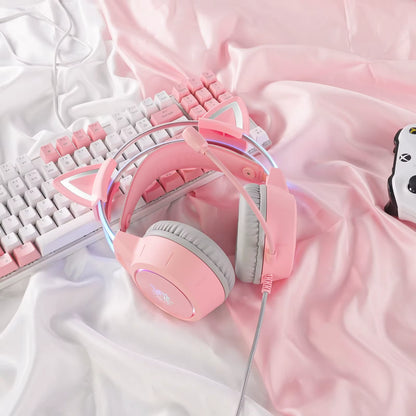 X15 Pro Over-Ear Headphones Gaming Headset Wired Cancelling Earphones Pink Cat Ears Rgb Light with Mic for PC PS4
