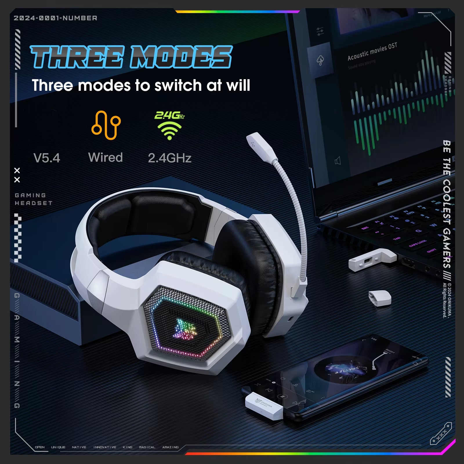 GT806 Tri-Mode Gaming Headset with Detachable Microphone for PS4, PC, Mobile Devices, 2.4Ghz Wireless 5.3 Dual Gaming He