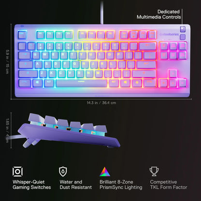 Apex 3 TKL Lavender RGB Gaming Keyboard — Tenkeyless Compact Form Factor — 8-Zone RGB Illumination — Water and Dust Resistant — Whisper-Quiet Gaming Switch