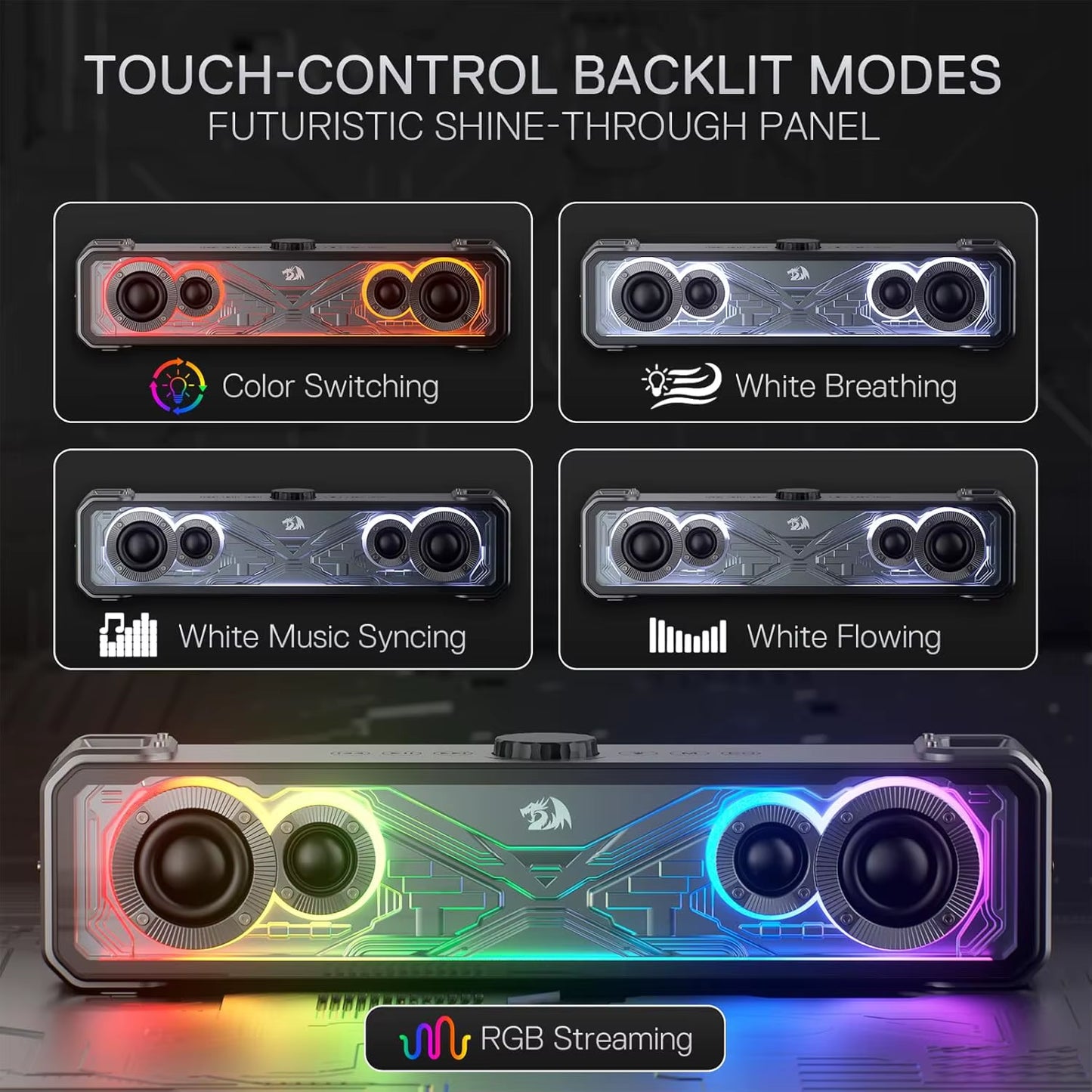 GS817 RGB 2.0 Channel Stereo Speakers Touch-Control Bluetooth 5.3 & 3.5Mm AUX Inputs Desktop Soundbar, Black