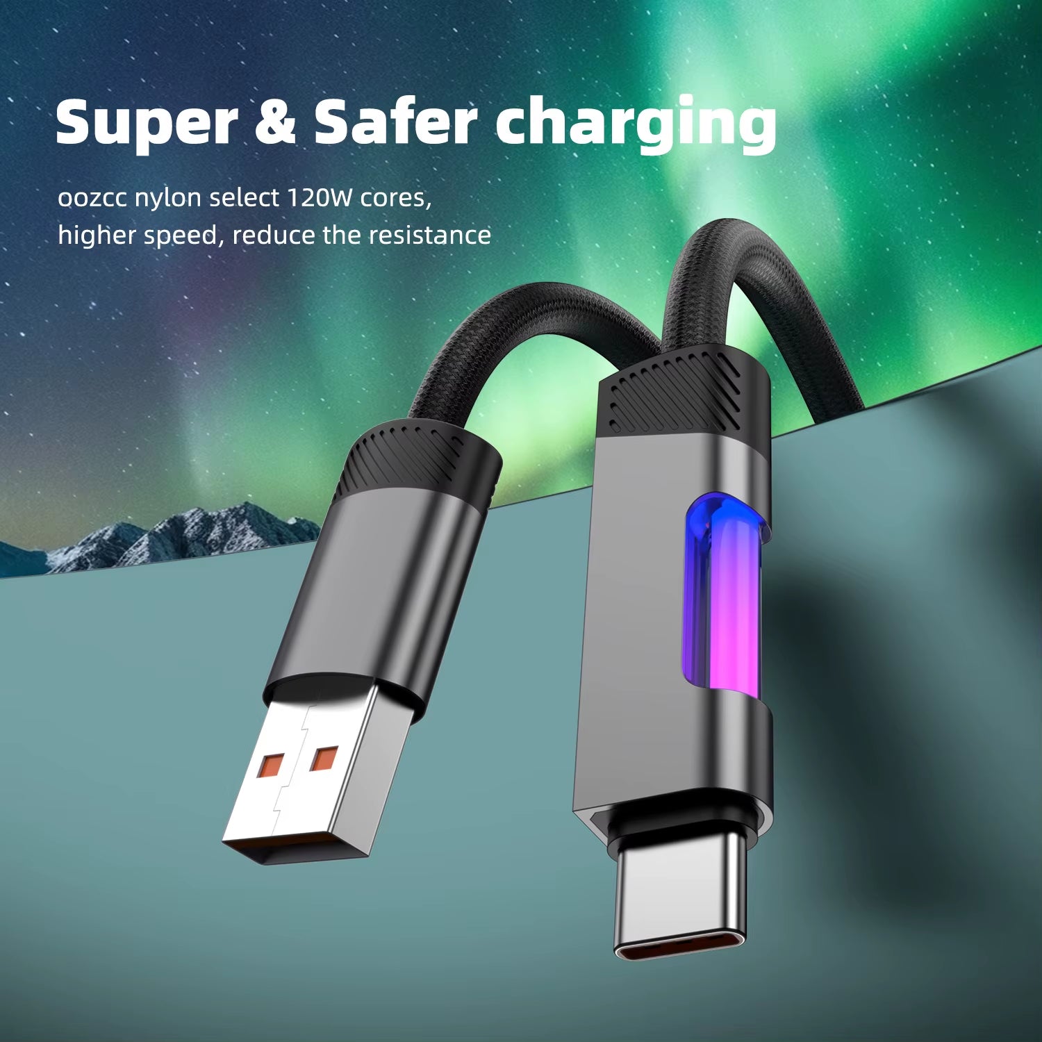 RGB Fast Charging Cable 120W 6A USB Type C Charge Cable with RGB Ambient Light