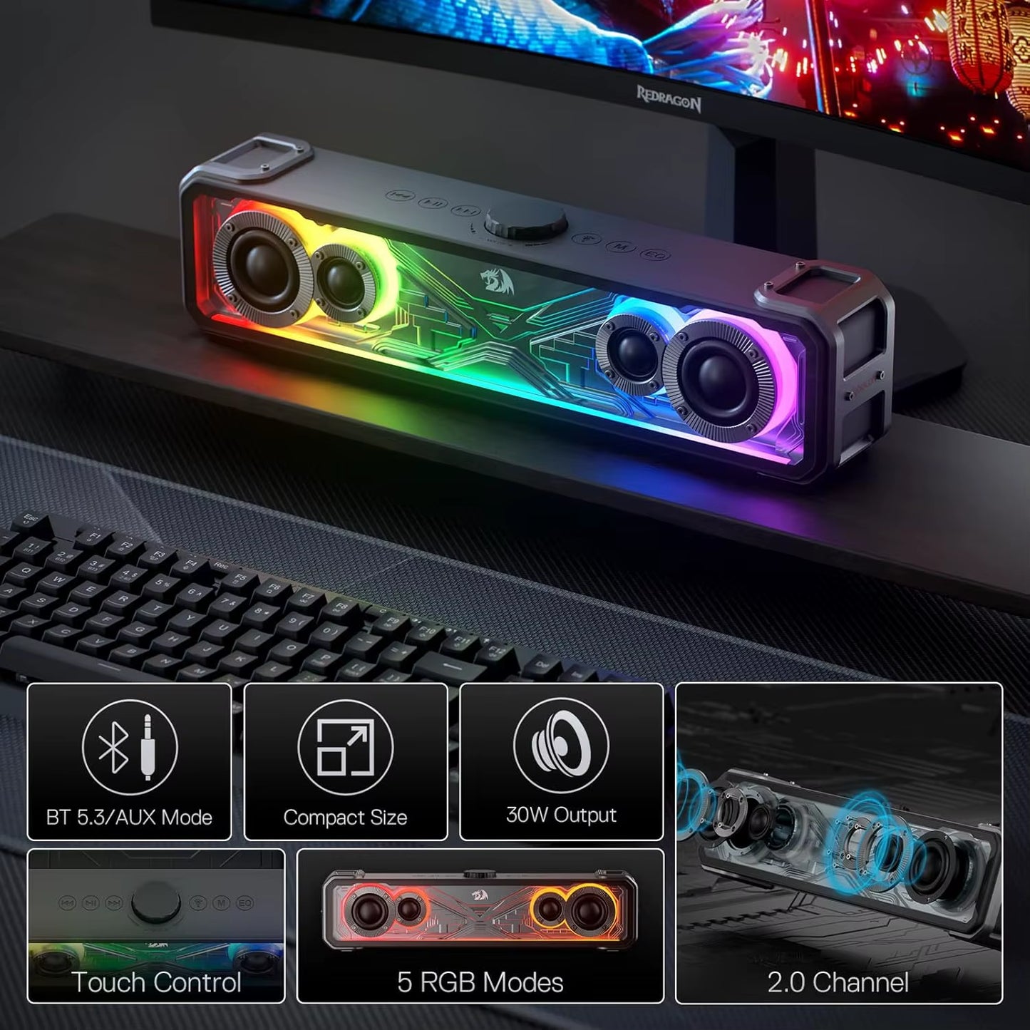 GS817 RGB 2.0 Channel Stereo Speakers Touch-Control Bluetooth 5.3 & 3.5Mm AUX Inputs Desktop Soundbar, Black