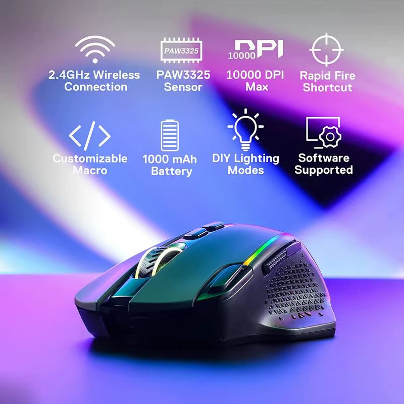 M810 Pro Wireless Gaming Mouse, 10000 DPI Wired Gamer Mouse W/ Rapid Fire Key, 8 Macro Buttons, Black/White Mouse