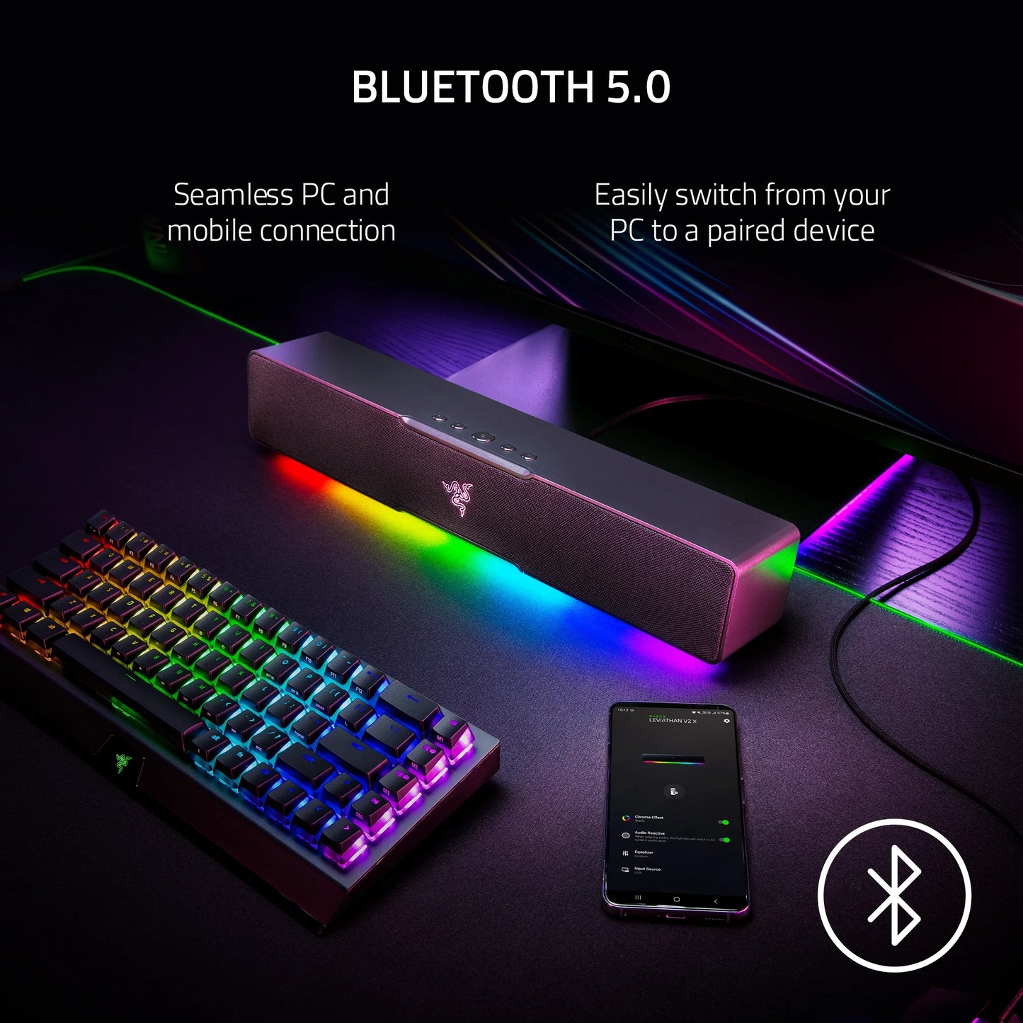 Leviathan V2 X PC Gaming Compact Soundbar: USB Type C, Bluetooth, High-Fidelity Stereo,  Chroma™ RGB