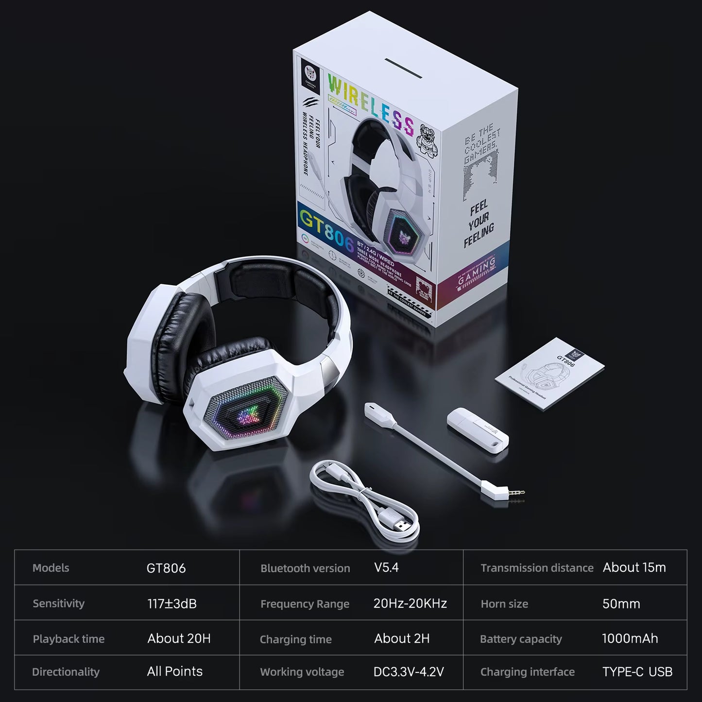 GT806 Tri-Mode Gaming Headset with Detachable Microphone for PS4, PC, Mobile Devices, 2.4Ghz Wireless 5.3 Dual Gaming He