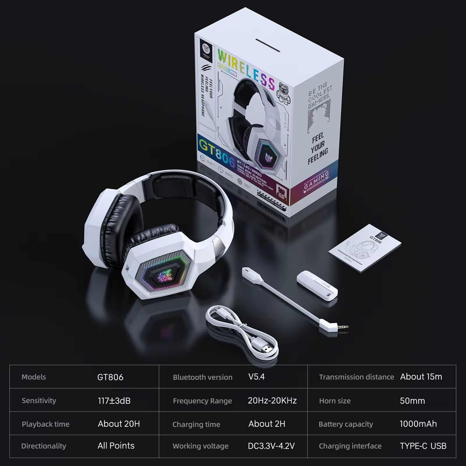 GT806 Tri-Mode Gaming Headset with Detachable Microphone for PS4, PC, Mobile Devices, 2.4Ghz Wireless 5.3 Dual Gaming He